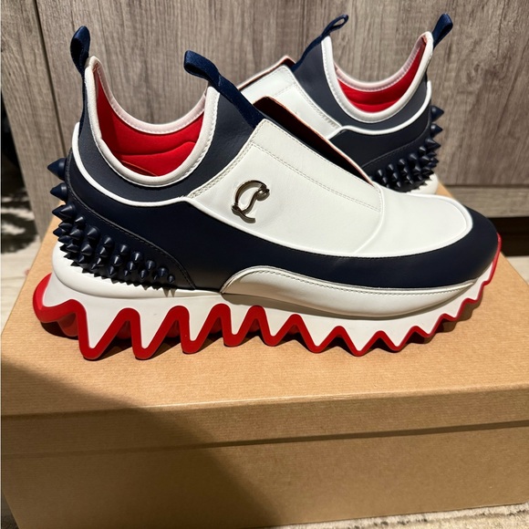 Christian Louboutin Navy and White Sneakers with Red Soles - Picture 3 of 4
